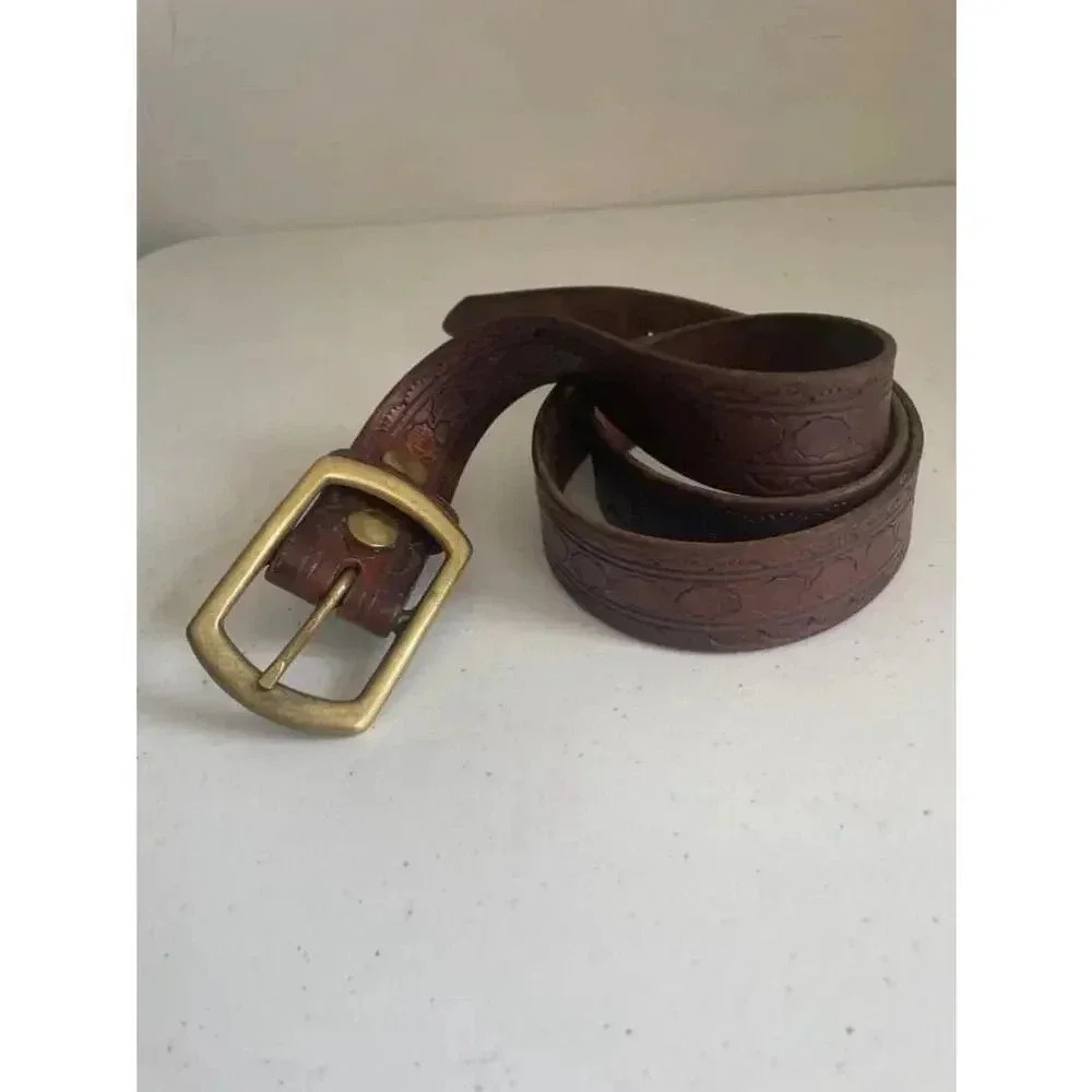 Vintage Solid Brass Tooled Brown Leather Belt Size 46 EUC!